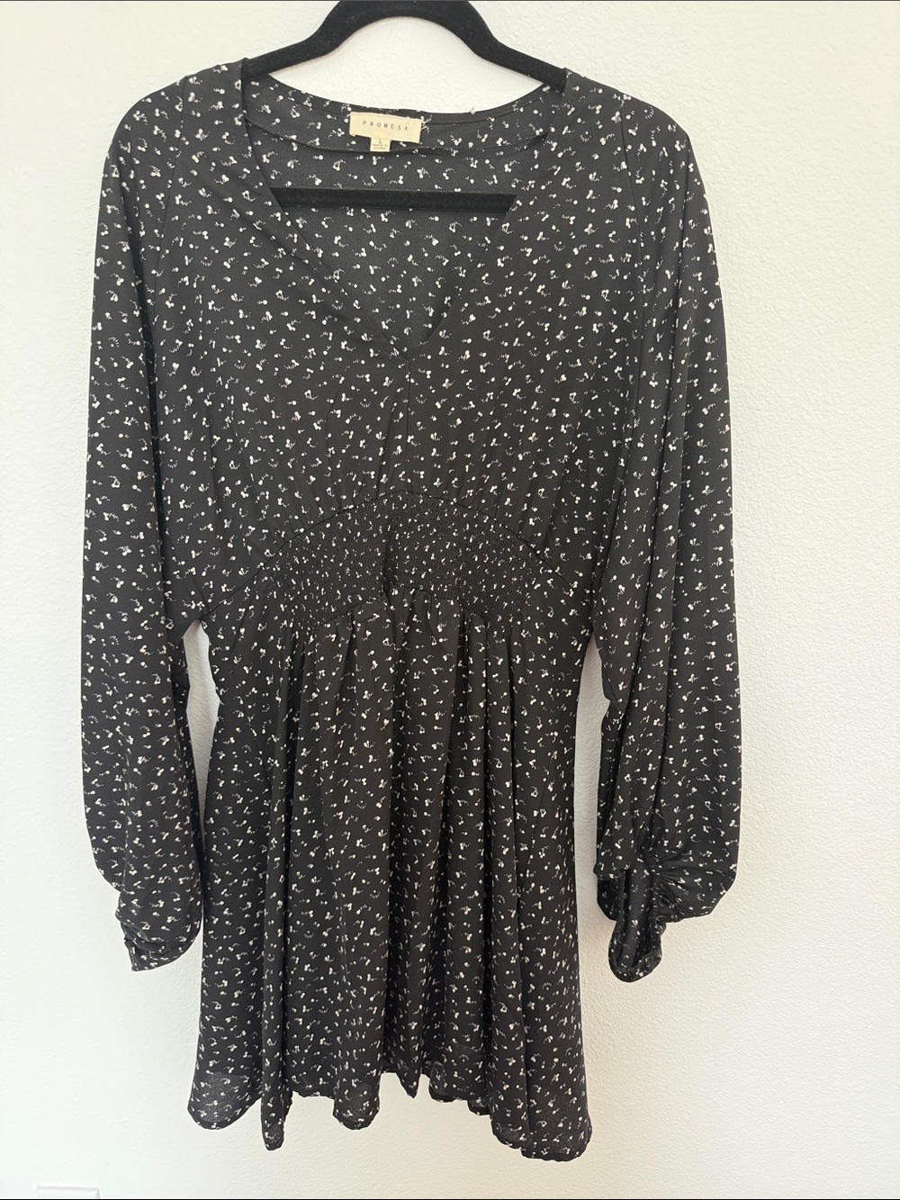Promesa Black Floral Long-Sleeve Smocked Waist Dress